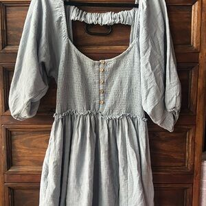 Free People Sky Blue Smocked Dress with Button Detail